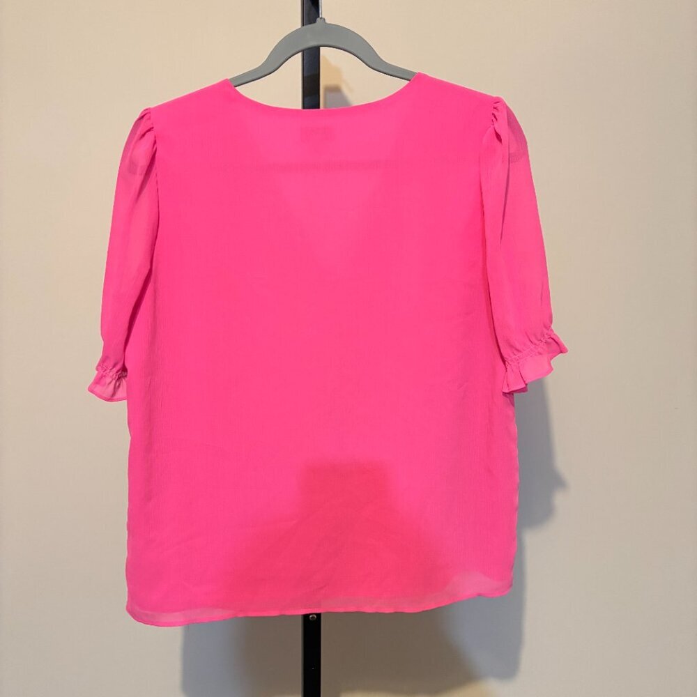 J. Crew Pink Ruffle Short Sleeve Button Front Blouse - Picture 10 of 11